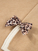 Leopard Bow Decor Split Cuff Contrast Trim Sweater