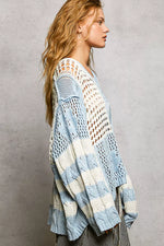 POL Color-Blocked Stripe Pattern Knit Top with Twisted Weave