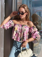 Printed Off-Shoulder Flounce Sleeve Blouse - Ladyez