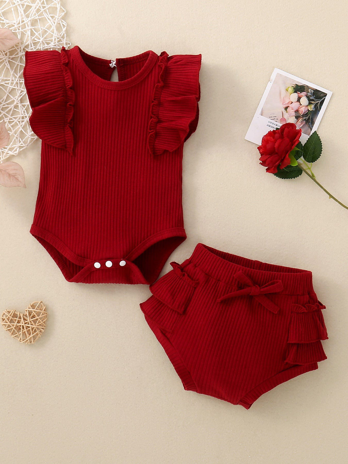 Children's Ribbed Ruffle Trim Bodysuit & Shorts Set