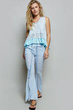 POL Floral Print Patche Round Neck Ribbed Tank with Double Gauze Ruffle Accents