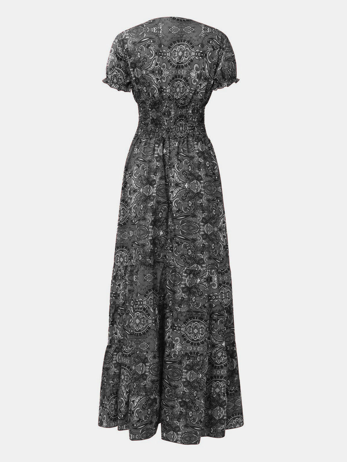 Full Size Smocked Printed V-Neck Short Sleeve Dress - Ladyez