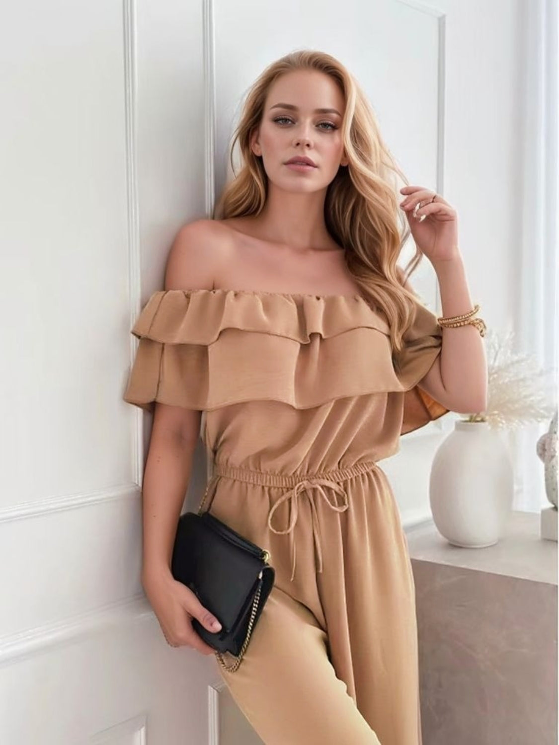 Ruffled Off-Shoulder Wide Leg Jumpsuit - Ladyez