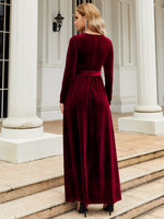 Tie Front Round Neck Long Sleeve Maxi Dress - Ladyez