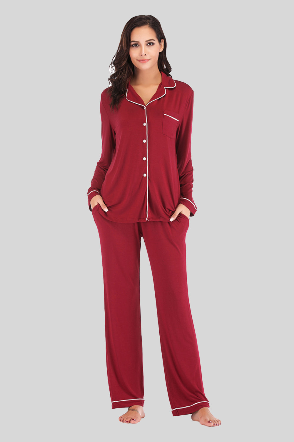 Collared Neck Long Sleeve Loungewear Set with Pockets - Ladyez