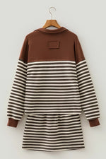 Stripe Contrast Trim Button Neck Long Sleeve Top Drawstring Mini Skirt Set