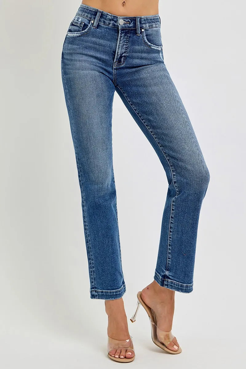 RISEN Full Size Tummy Control Elastic Band Mid Rise Straight Jeans Plus Size - Ladyez