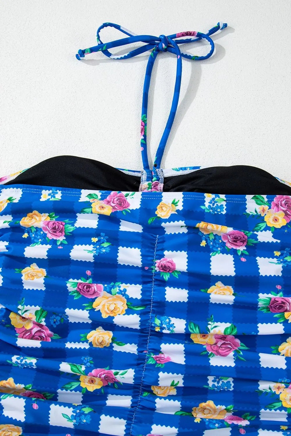 Floral Gingham Halter Neck Drawstring One Piece Swimwear - Ladyez