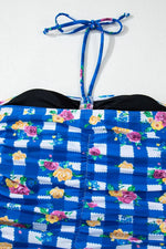 Floral Gingham Halter Neck Drawstring One Piece Swimwear - Ladyez