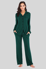 Collared Neck Long Sleeve Loungewear Set with Pockets - Ladyez