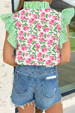 Floral Print Striped Ruffle Trim V Neck Blouse