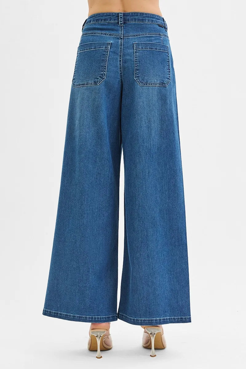 RISEN Mid Rise Fit Wide Leg Knit Denim Look Jeans - Ladyez