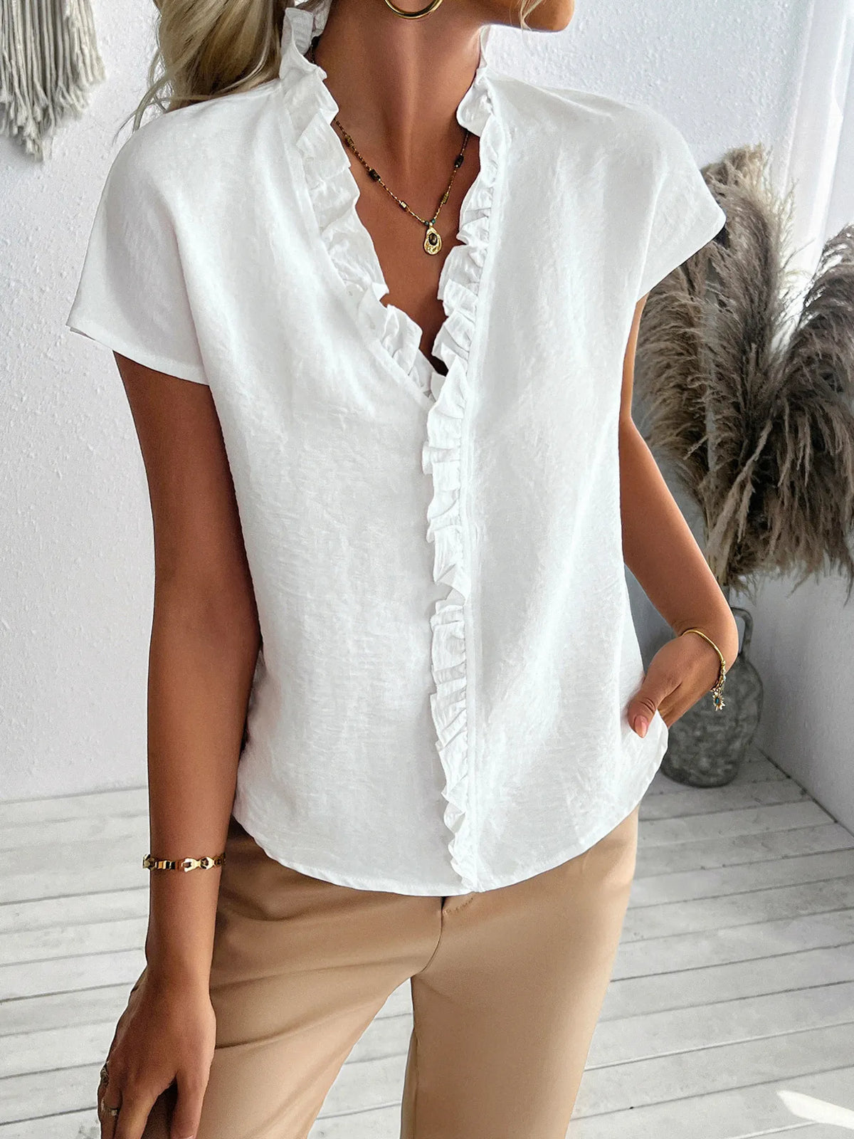Ruffled V-Neck Short Sleeve Blouse - Ladyez