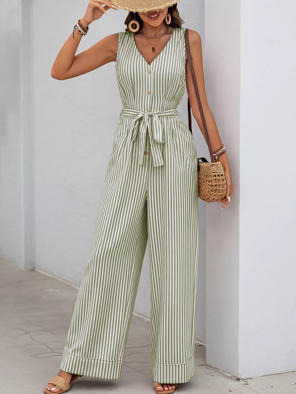 Striped Button-Front Tie Waist Wide Leg Jumpsuit