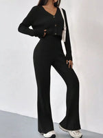 Ribbed Knit Button Up Top and Pants Set