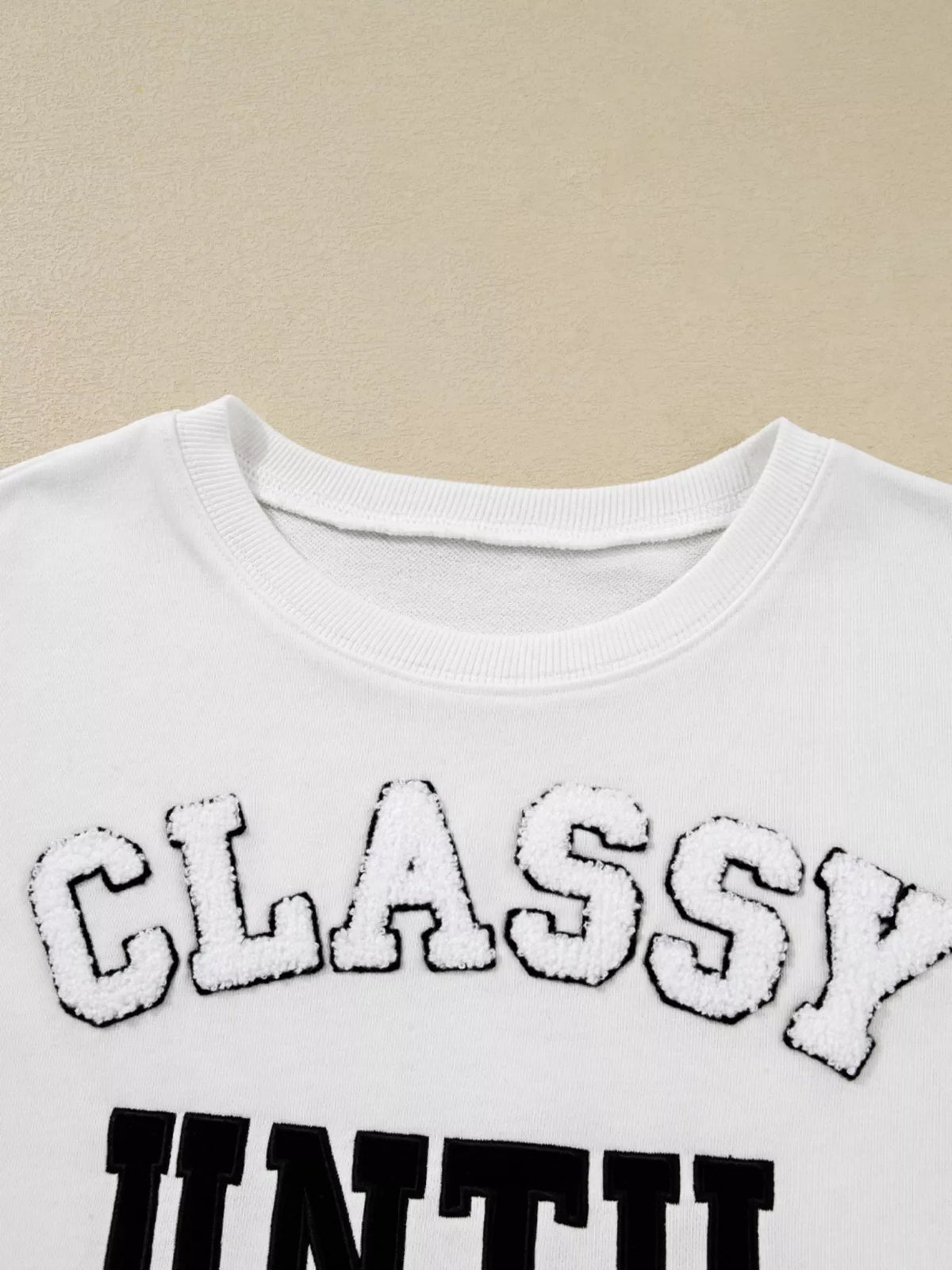 CLASSY UNTIL KICKOFF Plush Letter Patched Loose Sweatshirt