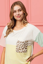BiBi Leopard Front Pocket Ft Color Block Crew Neck Top