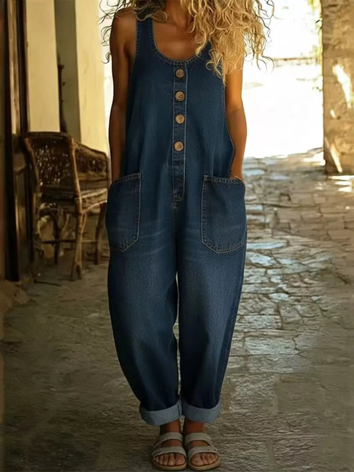 Full Size Button Detail Wide Strap Jumpsuit Plus Size