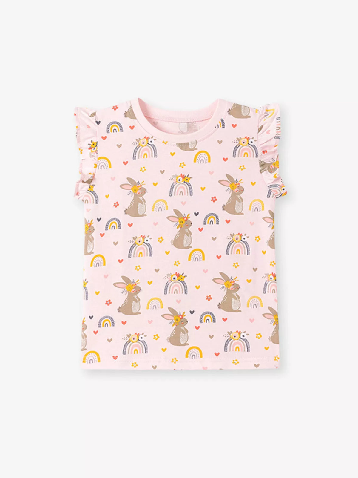 Children's Bunny & Rainbow Print Ruffle Sleeve T-Shirt