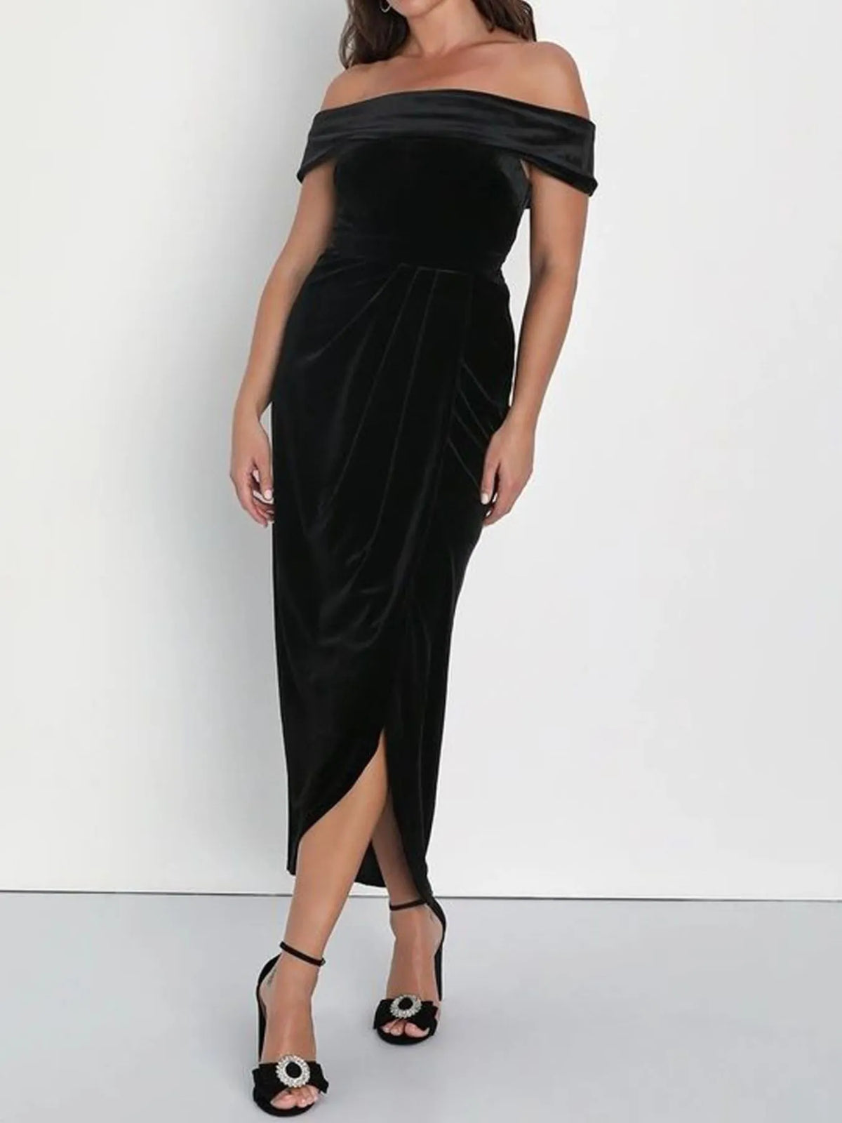 Off-Shoulder Wrap Dress with Side Slit - Ladyez