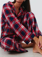 Plaid Collared Neck Button Up Top and Pants Lounge Set - Ladyez