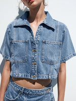 Button Up Short Sleeve Top and Skort Denim Set