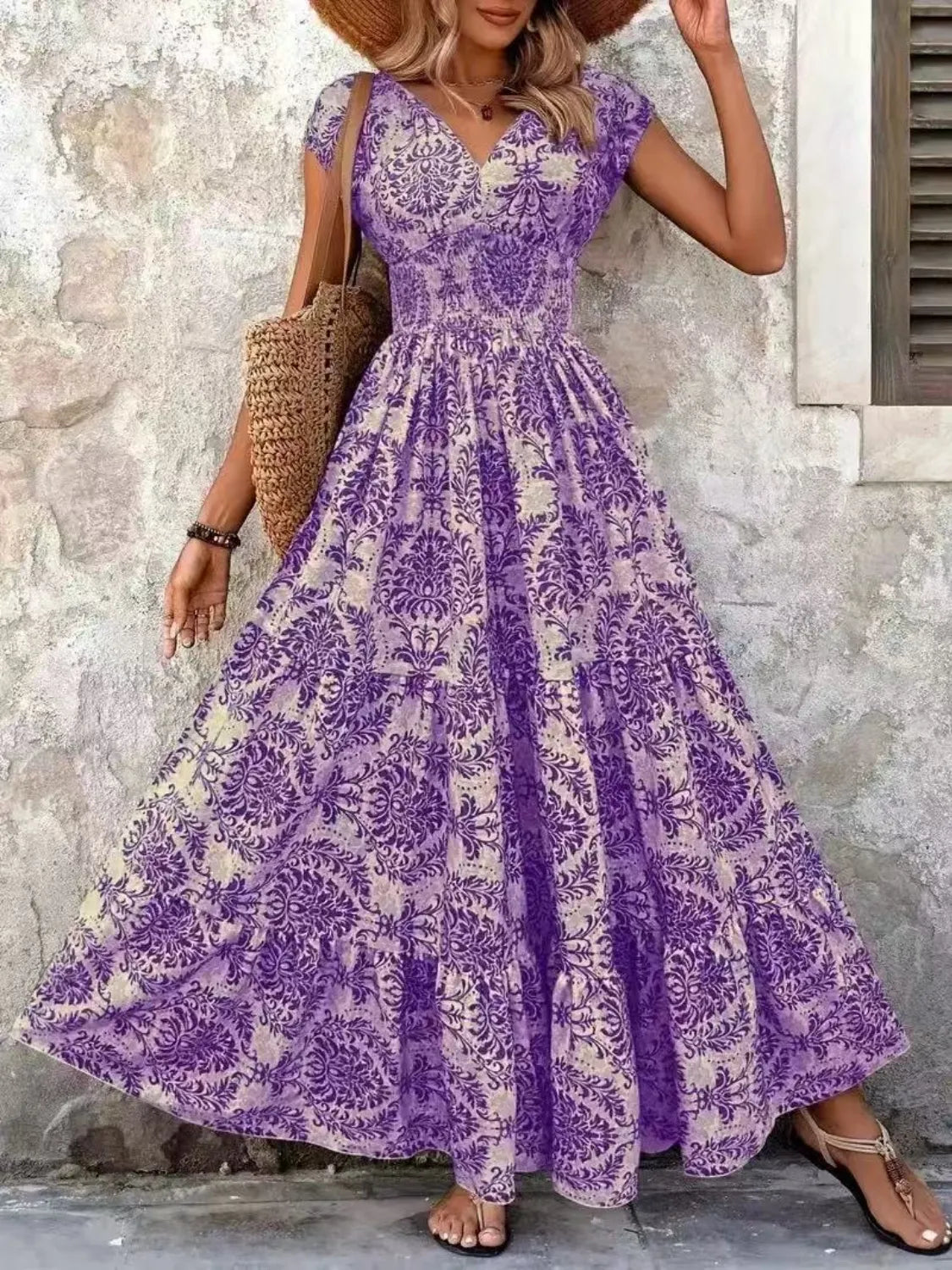 Vintage Floral Cap Sleeve Maxi Dress - Ladyez