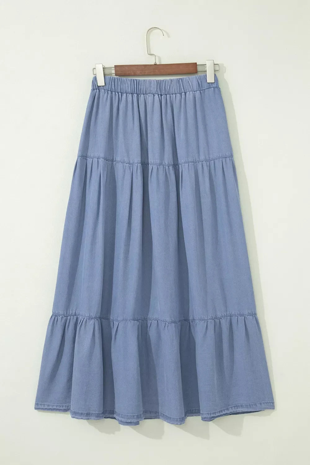 Elastic Waist Ruffled Tiered Flared Denim Maxi Skirt