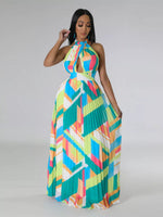Halter Neck Geometric Print Pleated Maxi Dress