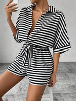 Tie Waist Half Button Striped Romper - Ladyez