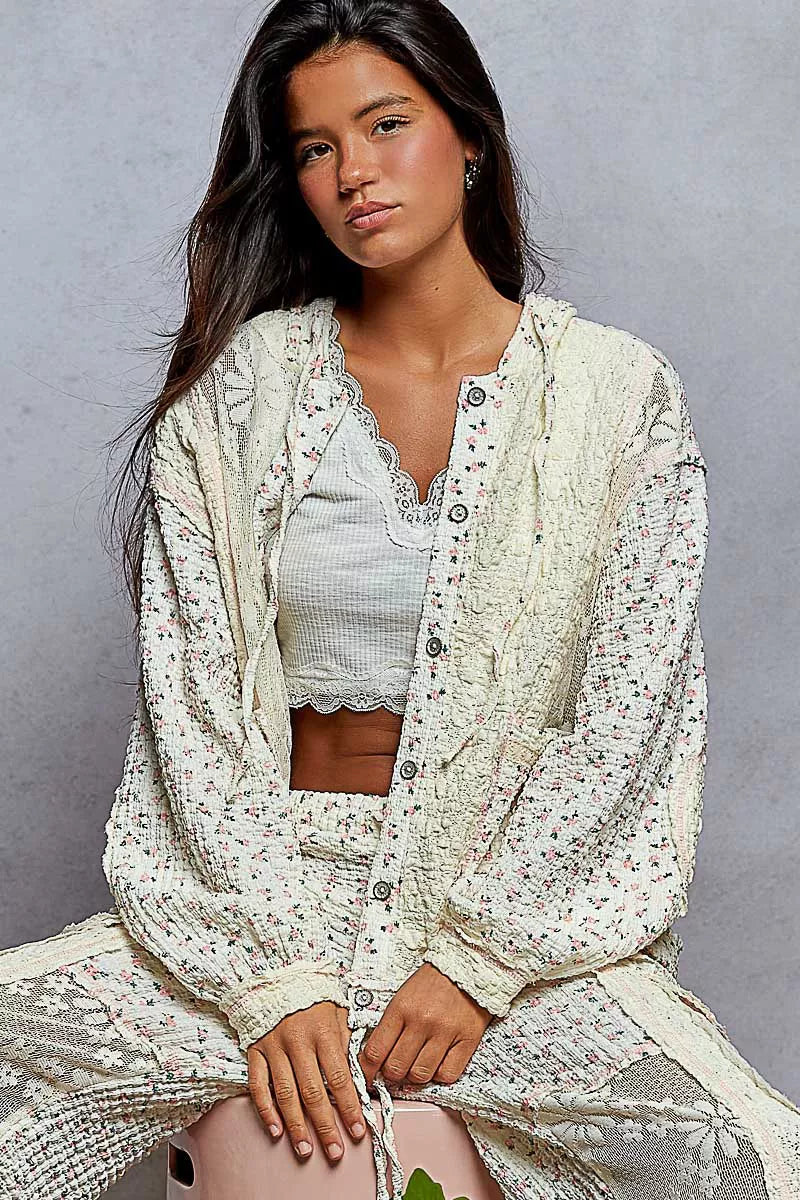 POL Floral Balloon Sleeve Hooded Lace Jacket with Stitch Detail