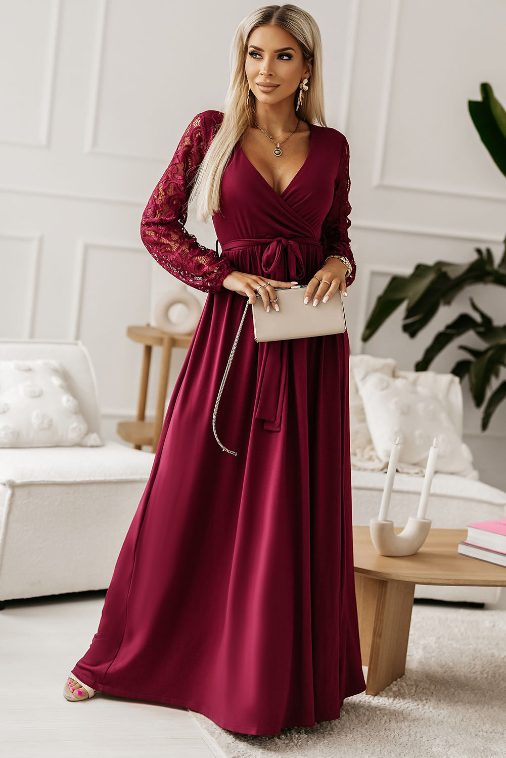 Lace Detail Surplice Tie-Waist Maxi Dress - Ladyez