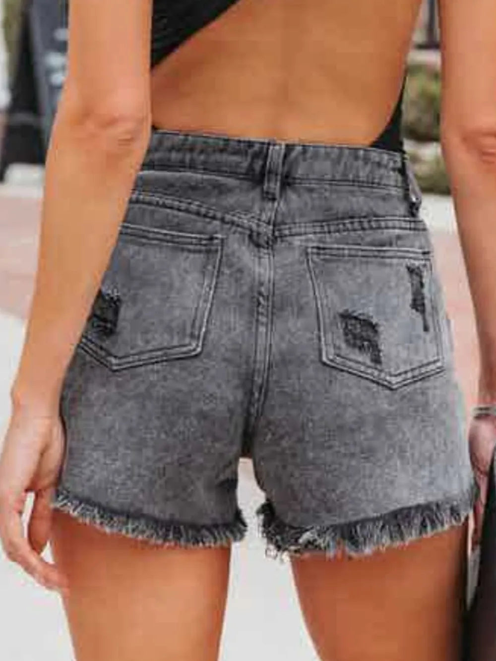 Distressed Fringe Denim Shorts with Pockets - Ladyez