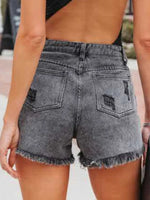 Distressed Fringe Denim Shorts with Pockets - Ladyez
