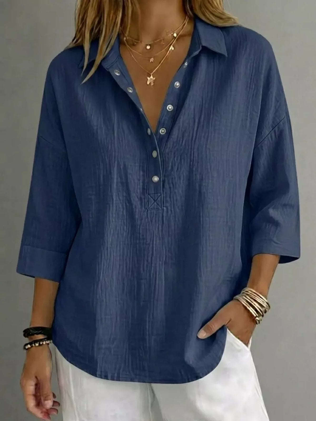 Full Size Snap Down 3/4 Sleeves Blouse Plus Size