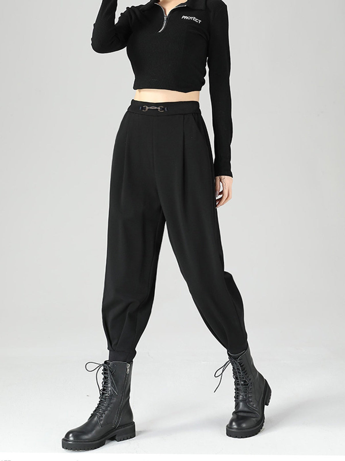 High-Waisted Buckle Detail Tapered Pants