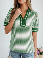 Stripe Collared Split Neck Short Bubble Sleeve Blouse