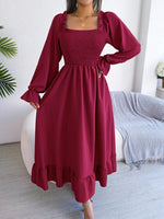 Smocked Square Neck Flounce Sleeve Dress - Ladyez