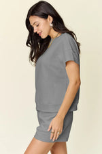 Double Take Full Size Texture Short Sleeve T-Shirt and Drawstring Shorts Set - Ladyez