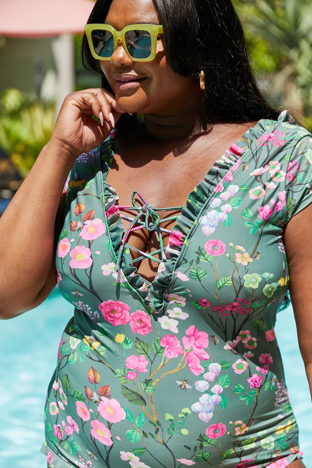 Marina West Swim Bring Me Flowers V-Neck One Piece Swimsuit In Sage - Ladyez