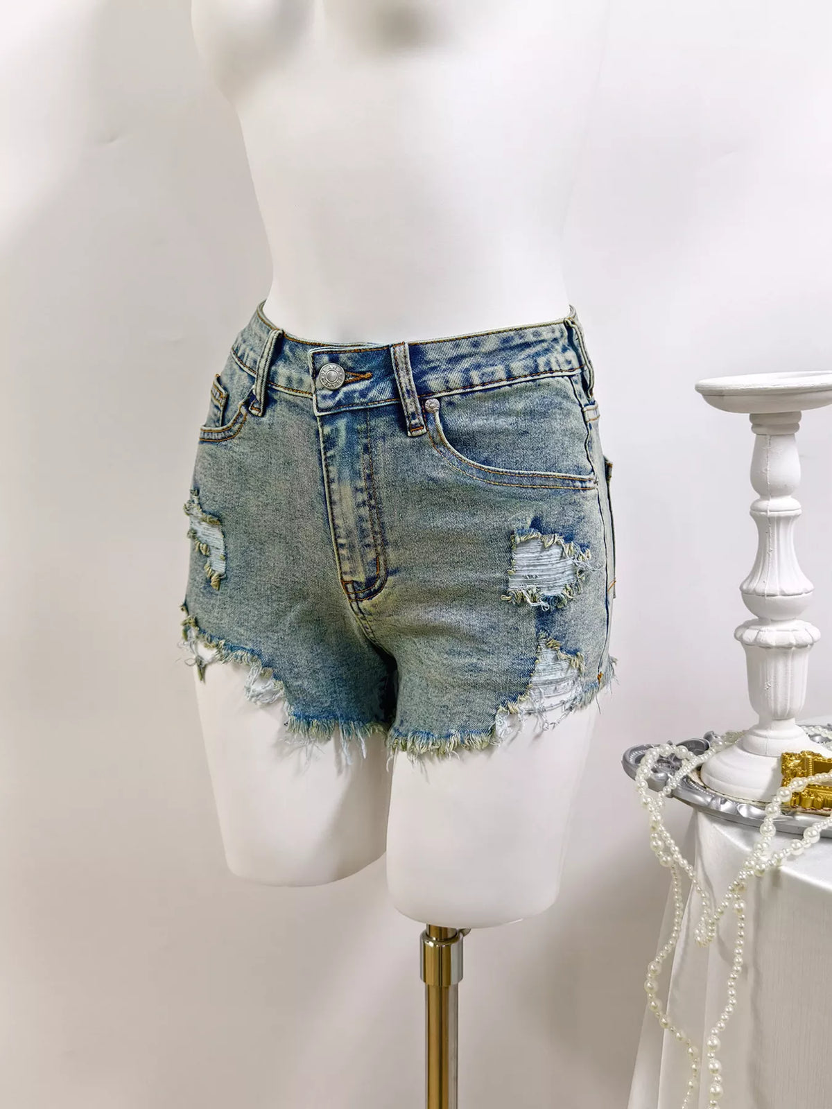 High-Waisted Distressed Raw Hem Denim Shorts
