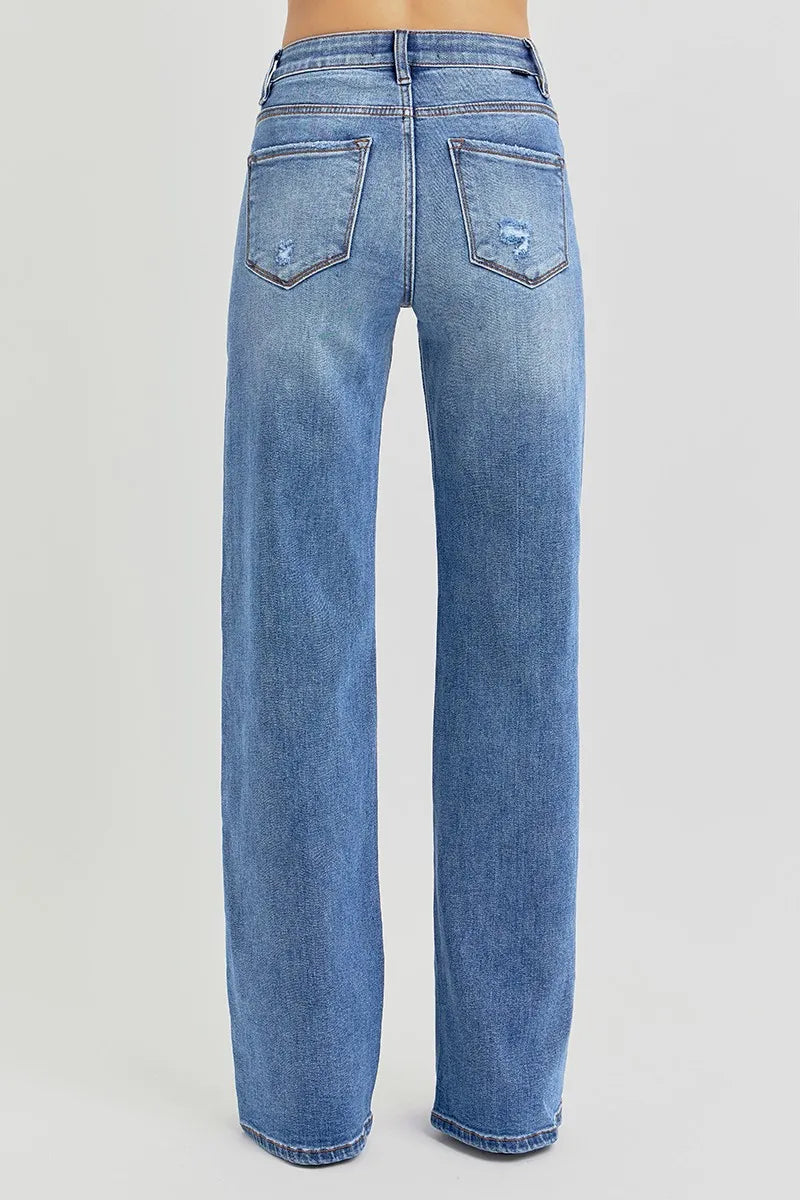 RISEN Full Size Tummy Control Elastic Band High Rise Wide Jeans Plus Size - Ladyez