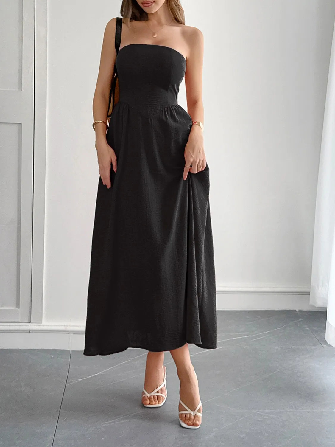 Strapless A-Line Midi Dress with Pockets - Ladyez