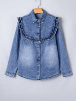 intage Wash Denim Ruffle Detail Button Down Shirt