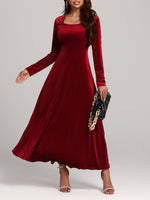 Square Neck Long Sleeve Velvet Dress - Ladyez