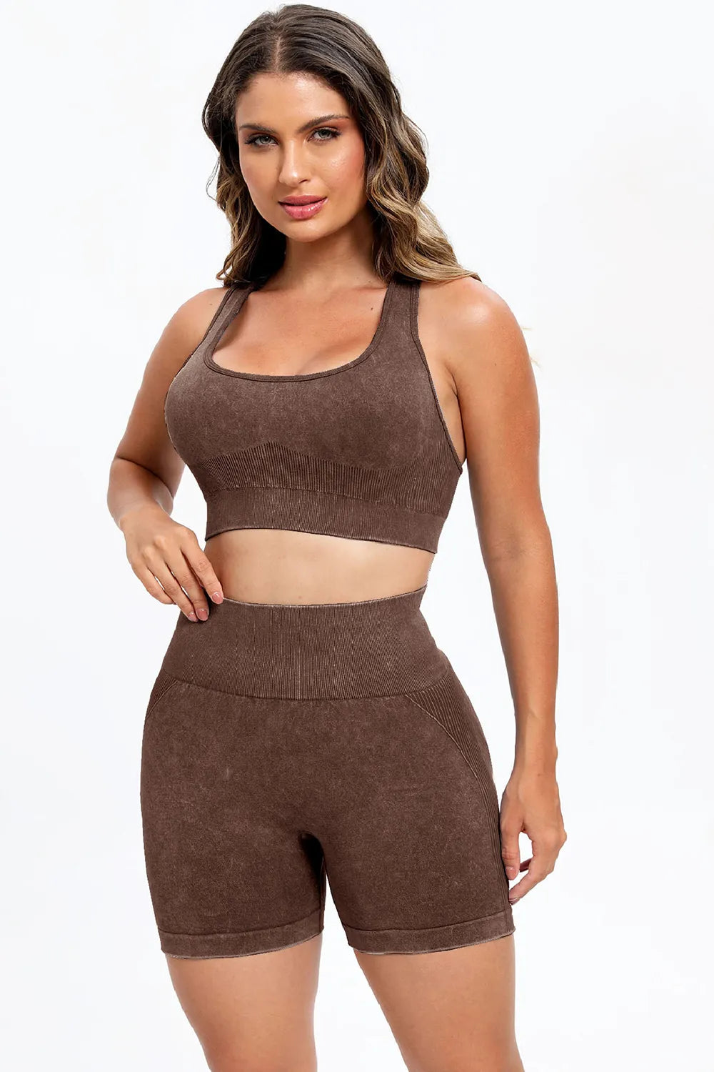 3 Piece Washed Square Neck Wide Strap Active Set - Ladyez