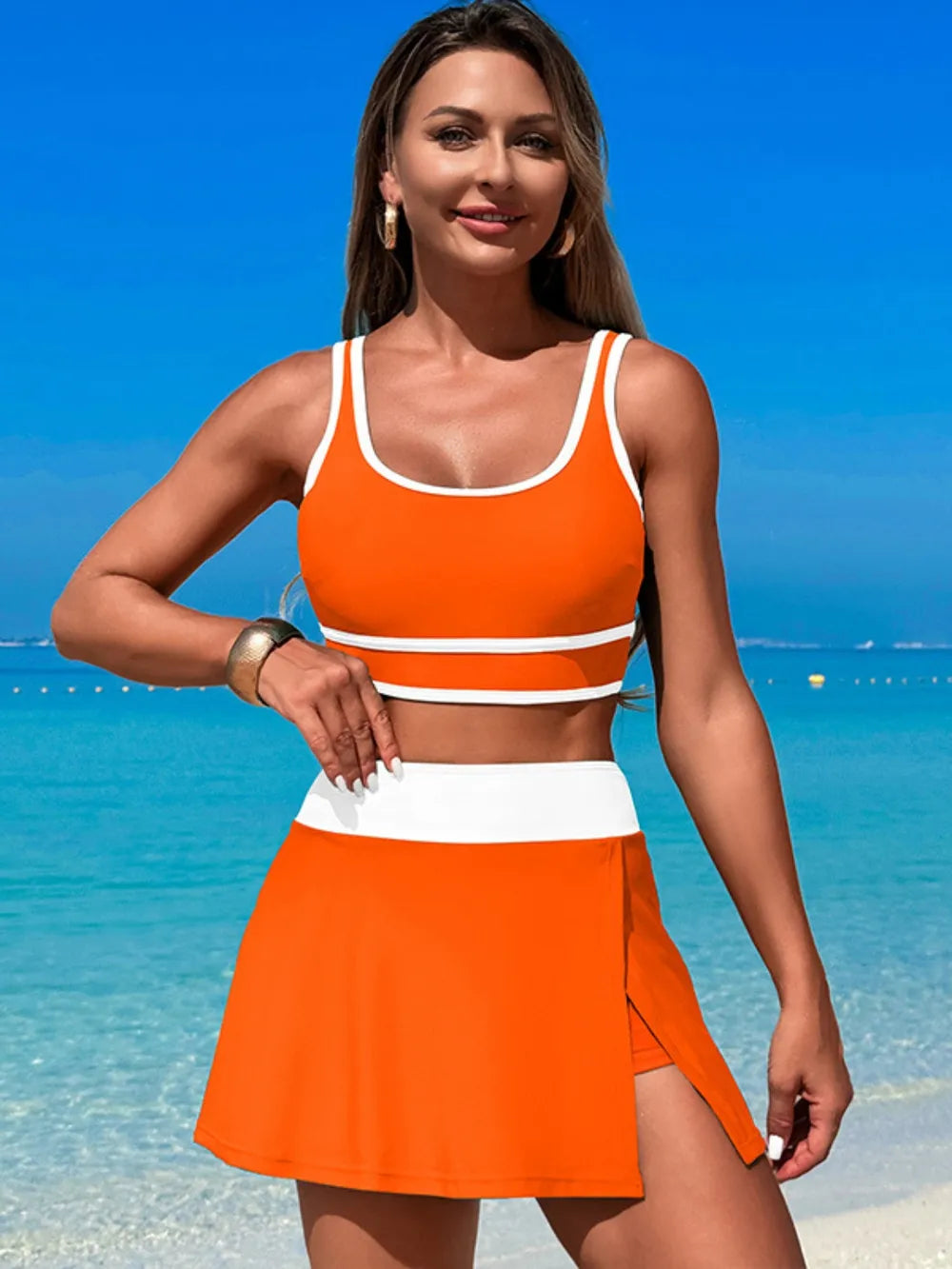 Scoop Neck Top and Skort Swim Set - Ladyez