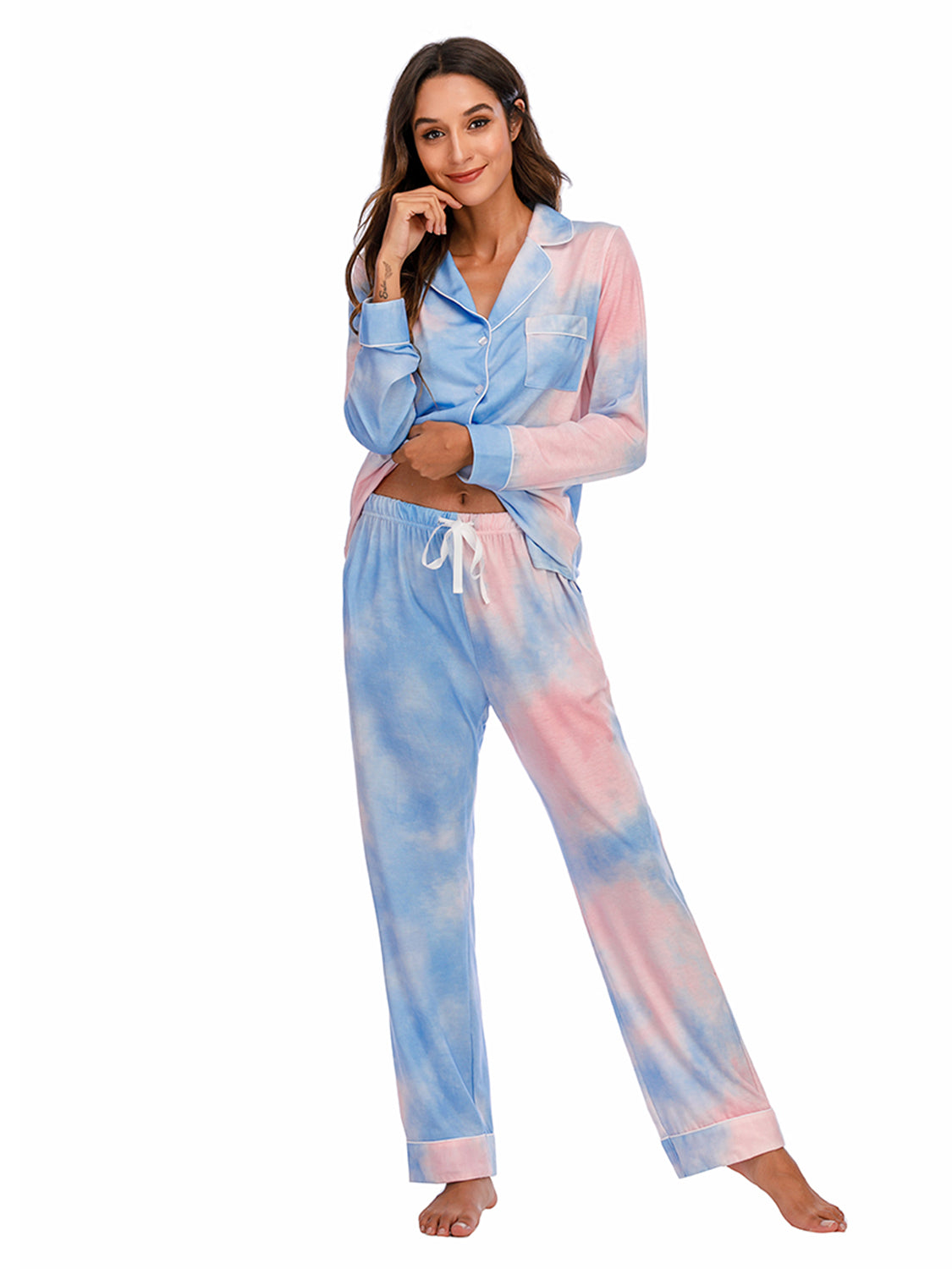 Collared Neck Long Sleeve Loungewear Set with Pockets - Ladyez