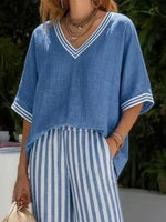 Full Size Striped V-Neck Top and Wide Leg Pants Set Plus Size