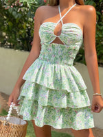 Floral Halter Cutout Ruffled Mini Dress